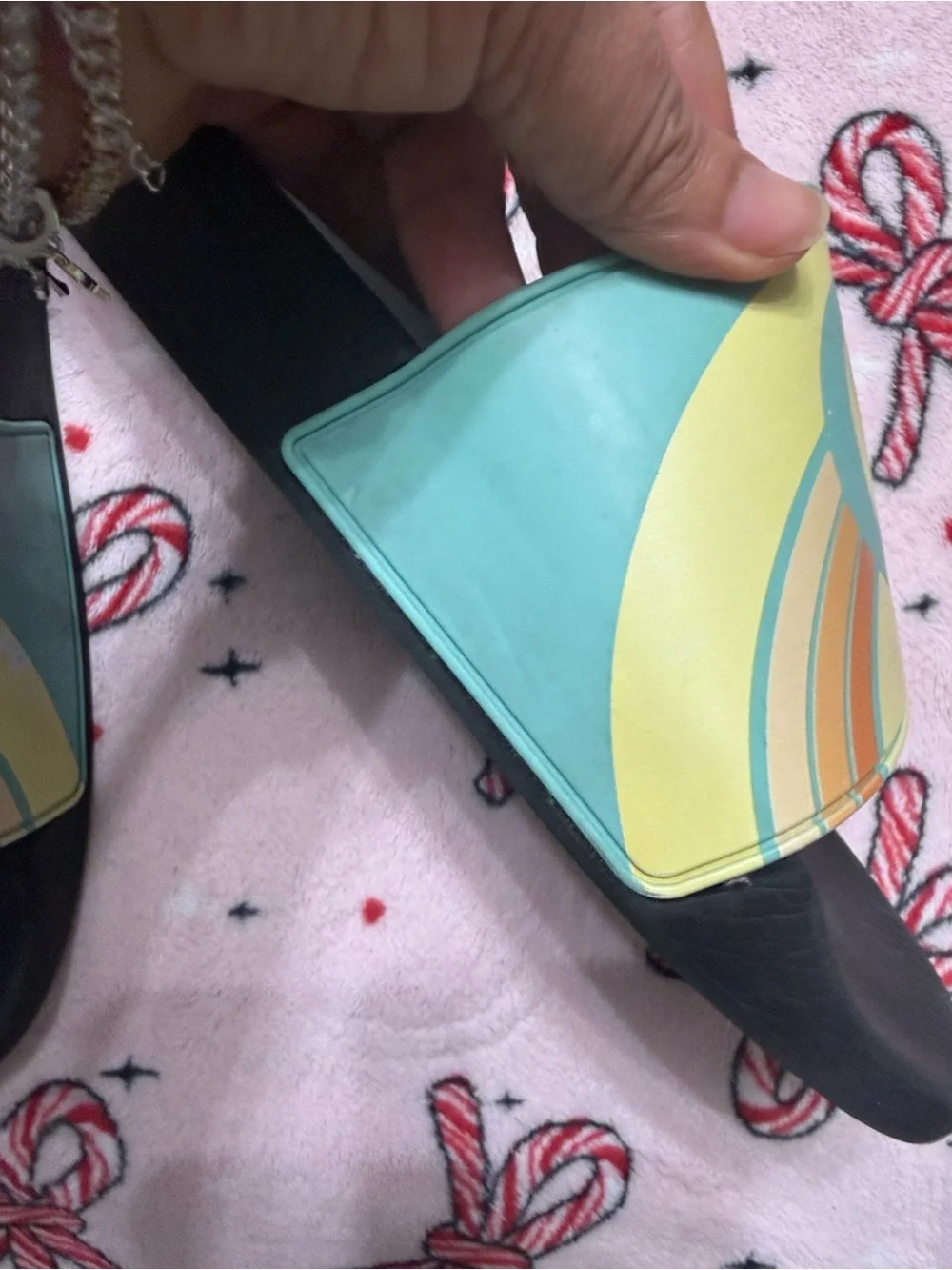 Gucci Black Slides with Yellow and Teal Double G Strap